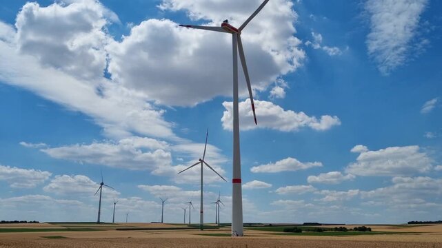 Mainz, Rhineland-Palatinate, Germany: Wind turbines generating renewable energy under dramatic clouds near Mainz.