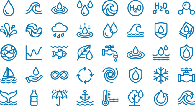 Comprehensive set of water and environmental outline icons for science and nature infographics