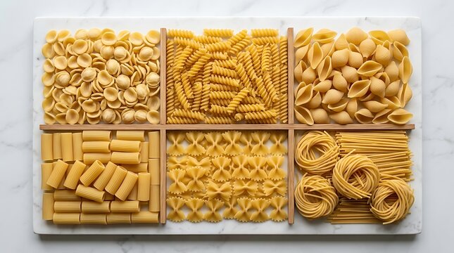 Variety of pasta shapes arranged on a white marble surface