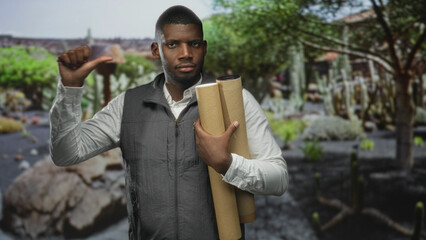 Fototapeta premium Man holding rolled blueprints and tubes, thumb to chest, wearing vest, cactus backdrop in studio; confidence planning design.