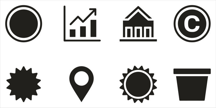 Collection of Black Icons Including Circle, Graph, Building, Copyright, Starburst, Map Pin, Sun, and Pot Keywords: icon, set