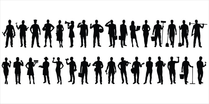 Collection of Diverse Professional and Activity Silhouettes on White Background Keywords: silhouette, people, man, woman, worker