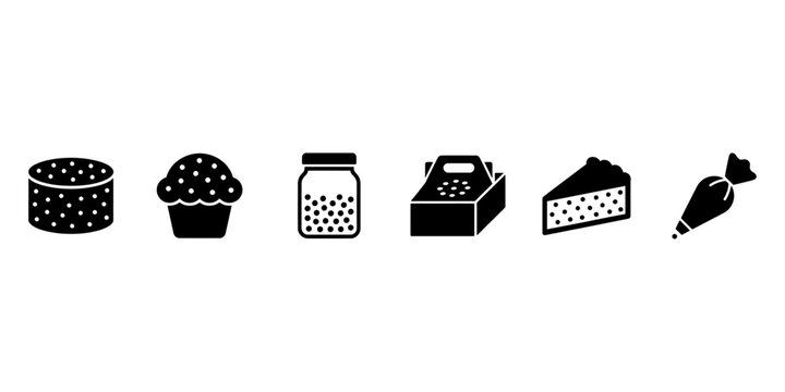 Black and white icons of baking ingredients and treats
