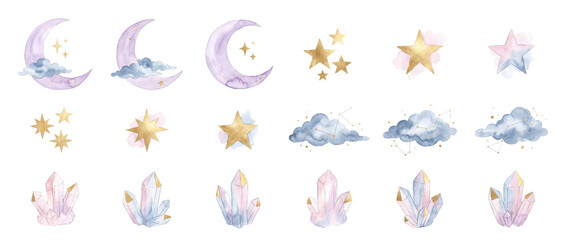 Obraz premium Celestial watercolor clipart moon stars crystal elements for magical mystical bohemian design, gold constellation clouds and pastel purple crescent moons icon set on solid black background.