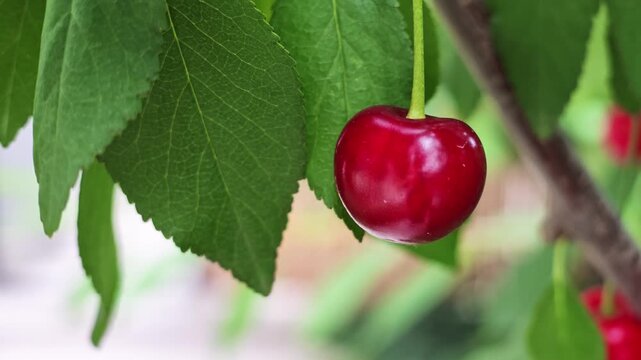 Close-up of a single cherry on tree branch with green leaves