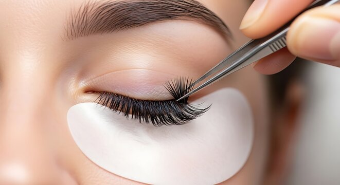 Close-up of a woman applying false eyelashes with tweezers in a beauty salon setting