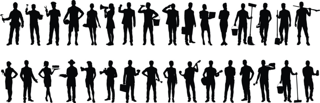 Diverse Silhouettes of People in Various Professions and Activities Keywords: silhouette, people, man, woman, worker