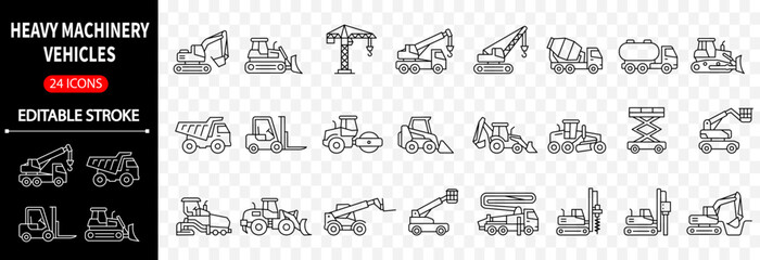 Heavy Construction Machinery Line Icons Collection with Editable Stroke Industrial Equipment Vector Set © Mahade