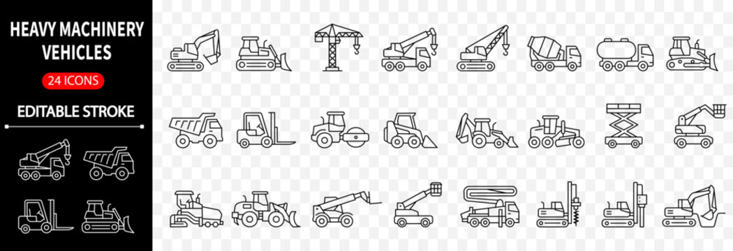 Heavy Construction Machinery Line Icons Collection with Editable Stroke Industrial Equipment Vector Set