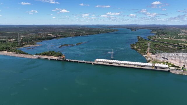 Sobradinho Dam Skyline In Sobradinho Bahia Brazil. Drone Capturing The Hydroelectric Producing Clean Energy. Tropical Eco Tourism. Wildlife Jungle. Sobradinho Bahia.