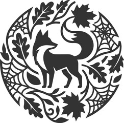 Obraz premium Fox in circular frame with maple leaves and spider webs in vector illustration