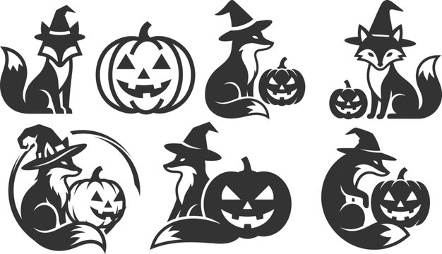 Six witch fox characters with pumpkins vector illustration set