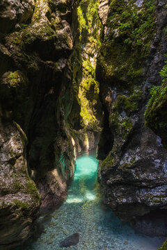 Turquoise Water Flowing Through Tolmin Gorge, Slovenia