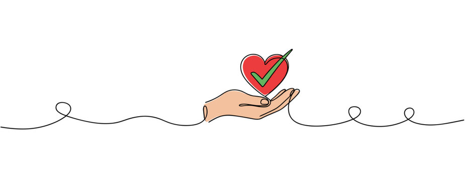 Hand holding heart with checkmark on continuous line white background. no editable strokes