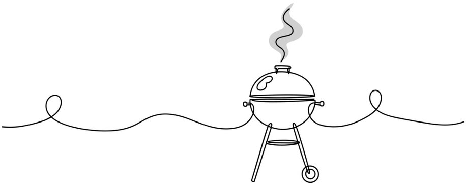 Charcoal grill emitting smoke on continuous line background. no editable strokes
