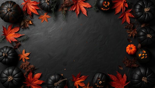 Helloween decorations with black pumpkins and red leaves on dark background