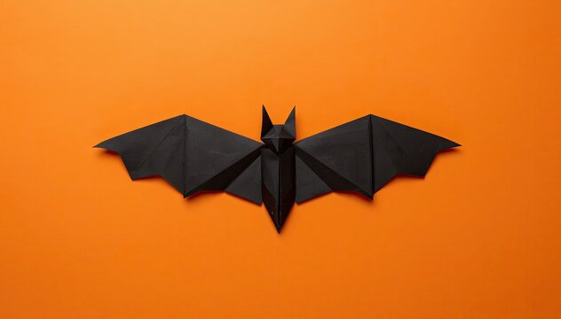 Origami bat for helloween decoration black paper on orange background
