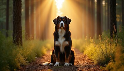 Fototapeta premium Bernese mountain dog sits on forest path. Golden hour sun rays shine through trees. Rich green grass borders the trail. Calm animal waits patiently.