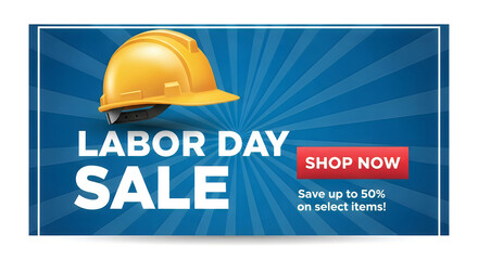 Fototapeta premium Yellow hard hat with labor day sale banner and radial blue background