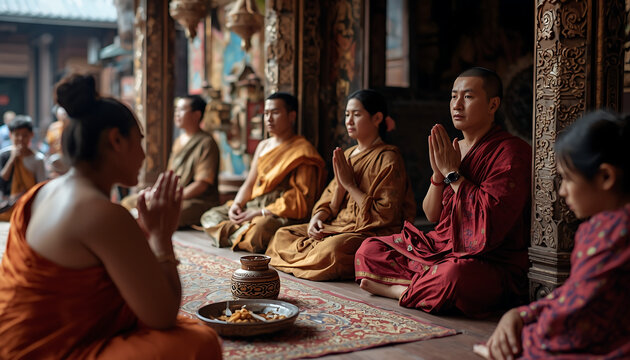 Monks sit inside a traditional temple to practice silent meditation and prayer in a peaceful setting.