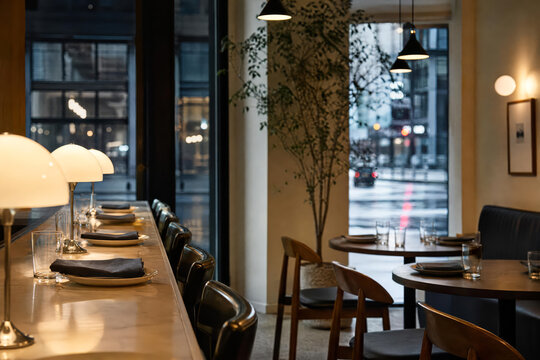 Rainy City Cafe Photographed In Bright Commercial With Layered Restaurant Depth