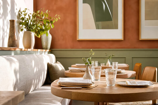 Contemporary Cafe Dining Gallery Wall Table With Natural Restaurant Colors