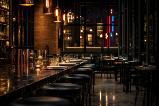 Industrial Loft Bar With Layered Restaurant Depth And Contemporary Cafe Dining