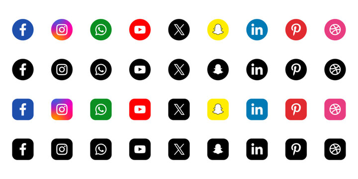 Social Media Icons Pack, Vector Logo Set with Facebook, Instagram, WhatsApp, X, YouTube, LinkedIn, Pinterest, Snapchat, and Dribbble Symbols.