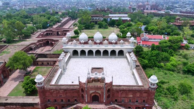 Aerial shot of Red fort in Agra, Uttar Pradesh, India