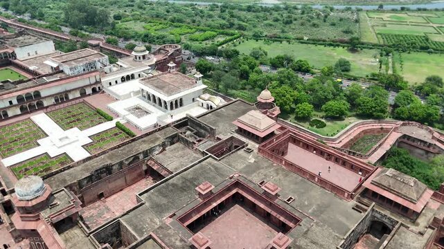 Aerial shot of Red fort in Agra, Uttar Pradesh, India