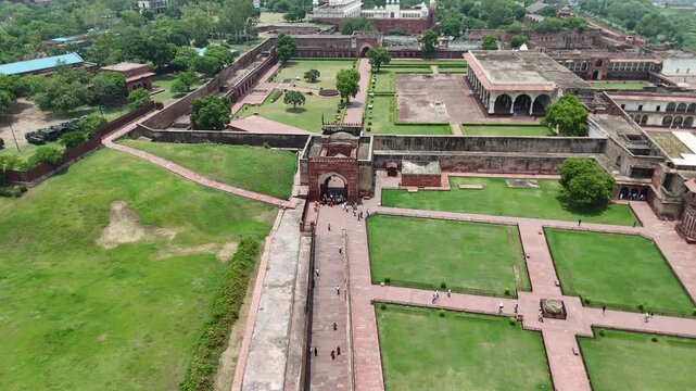 Aerial shot of Red fort in Agra, Uttar Pradesh, India
