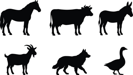 Fototapeta premium Farm Animal Silhouette Collection with Horse Cow Donkey Goat Wolf and Goose Vector Set