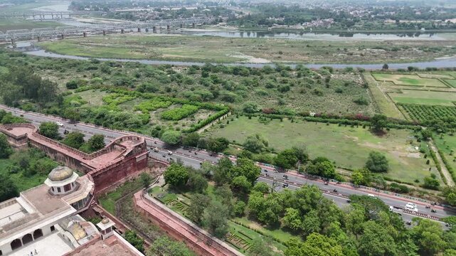 Aerial shot of Red fort in Agra, Uttar Pradesh, India