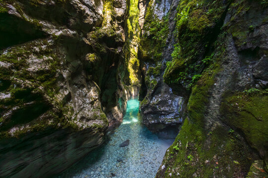 Turquoise Water Flowing Through Tolmin Gorge, Slovenia