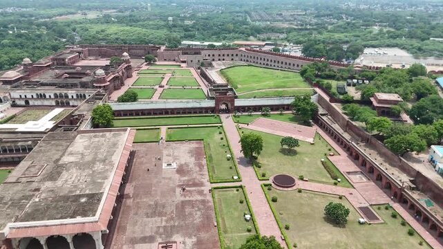 Aerial shot of Red fort in Agra, Uttar Pradesh, India