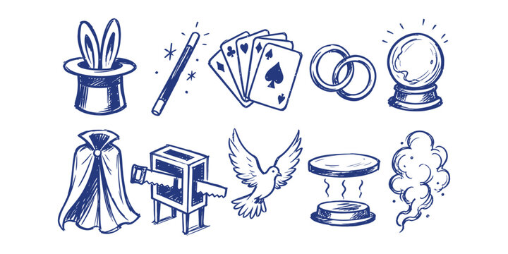 magic show collection and magician performance props illusionist trick doodle icon set vector illustration