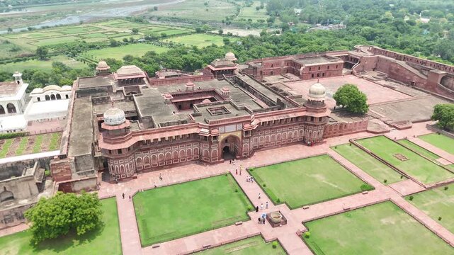 Aerial shot of Red fort in Agra, Uttar Pradesh, India