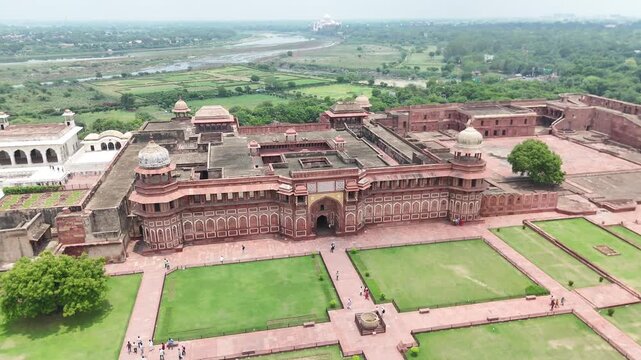 Aerial shot of Red fort in Agra, Uttar Pradesh, India