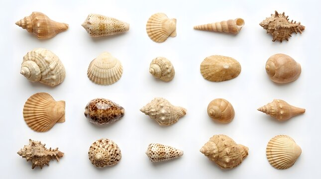 Collection of various seashells on a white background natural texture and detail