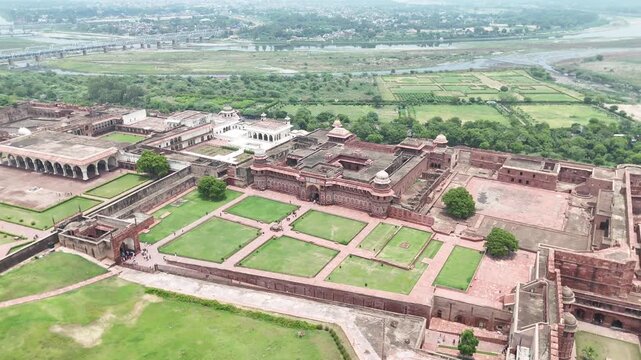 Aerial shot of Red fort in Agra, Uttar Pradesh, India