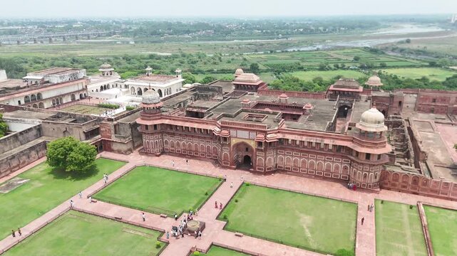 Aerial shot of Red fort in Agra, Uttar Pradesh, India