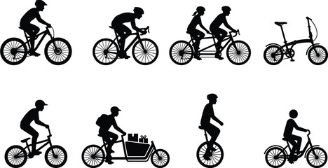 Black Silhouette Bicycle Icons Featuring Mountain, Road, Tandem, BMX, Cargo, Unicycle and Children’s Bikes © Hello World