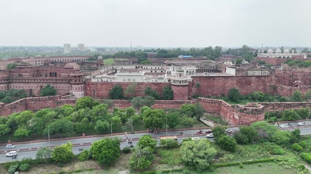 Aerial shot of Red fort in Agra, Uttar Pradesh, India