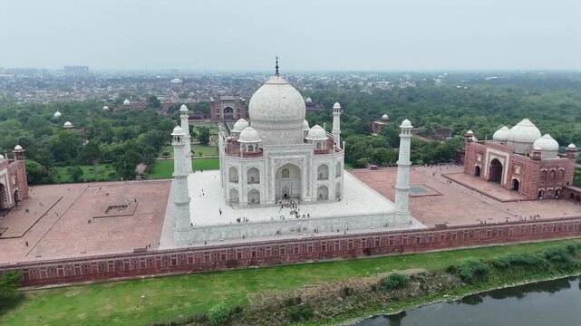 Aerial shot of Taj Mahal in Agra, Uttar Pradesh, India