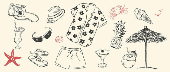Obraz premium Hand-drawn ink drawing set of Hawaiian tourist accessories. Vector whimsical illustration collection of tropical vacation essentials in simple crayon style. Black outline doodle icons isolated on a wh