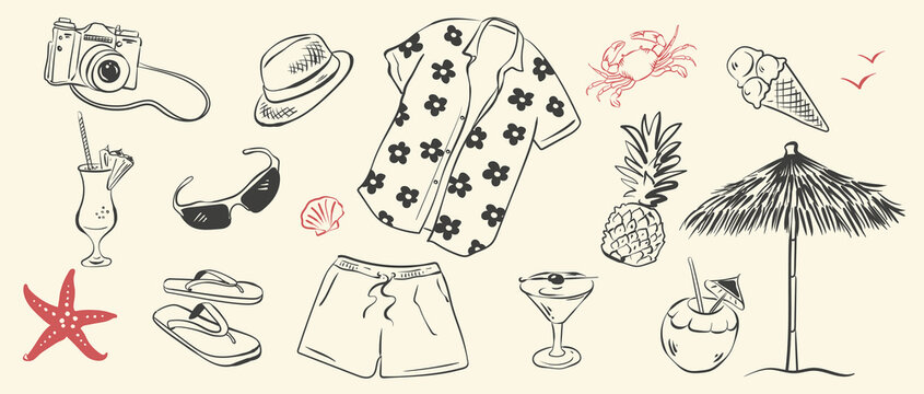 Hand-drawn ink drawing set of Hawaiian tourist accessories. Vector whimsical illustration collection of tropical vacation essentials in simple crayon style. Black outline doodle icons isolated on a wh