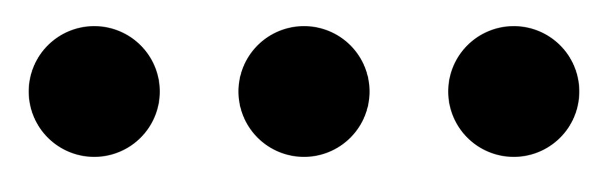 Three black circles arranged in a horizontal line on a white background, symbolizing simplicity, order, and pattern