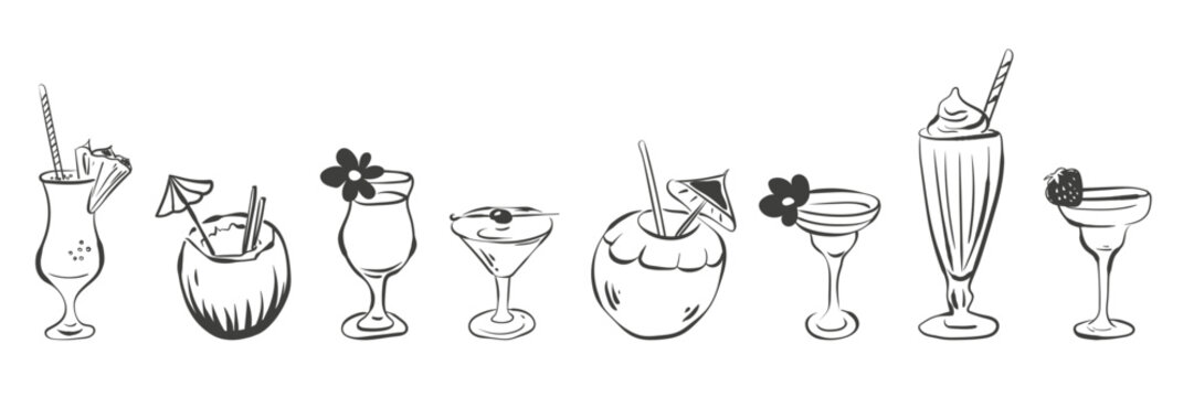 Hand-drawn ink drawing set of summer tropical cocktails. Vector whimsical illustration collection of coconut, pineapple and strawberry drinks in simple crayon style. Black outline doodle icons isolate