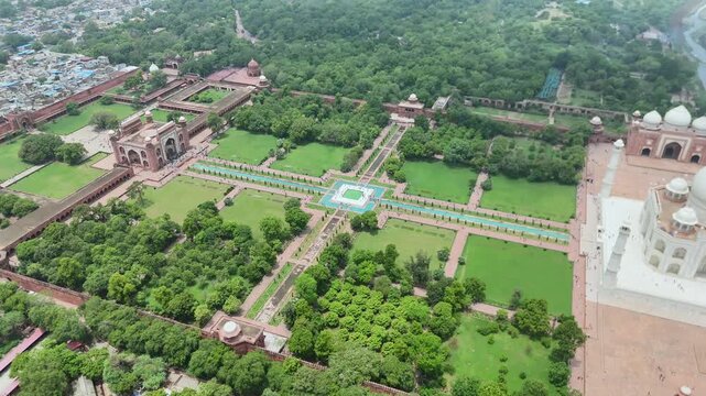 Aerial shot of Taj Mahal in Agra, Uttar Pradesh, India