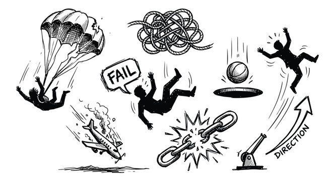 Falling figures and objects black and white sketch illustration